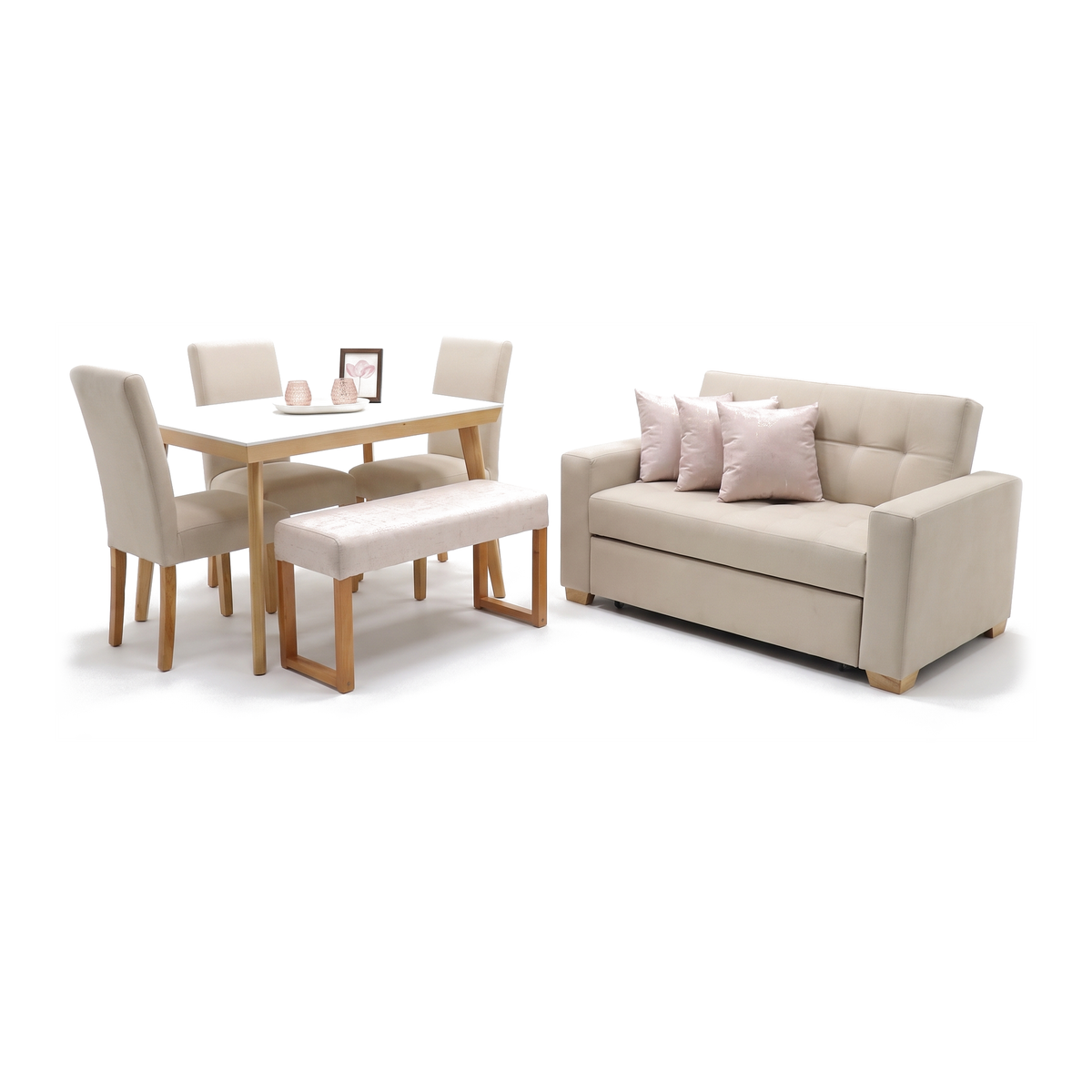Combo Apartamentero: sofá cama Mónaco y comedor Río sobre fondo blanco