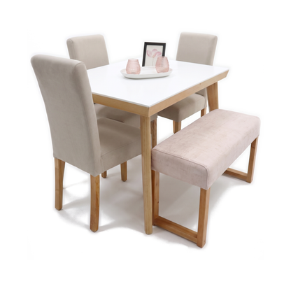 Comedor Río: mesa con 3 sillas y banca, sobre fondo blanco