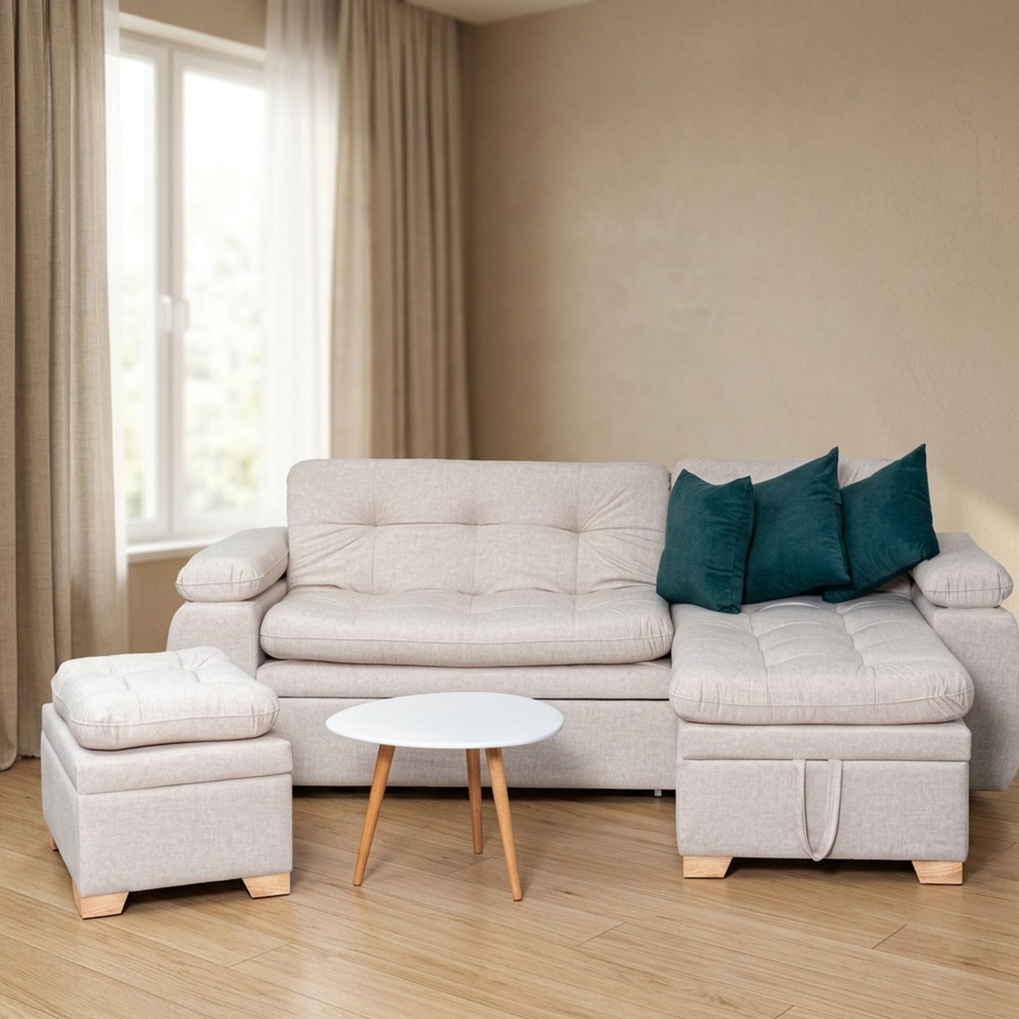 Sala Cama Belgica + Puff Marfil | Saira Muebles