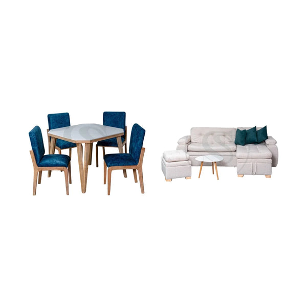 COMBO SALA CAMA BELGICA + COMEDOR 4 PTOS BASE COMEDOR NIGERIA + 4 SILAS IBIZA