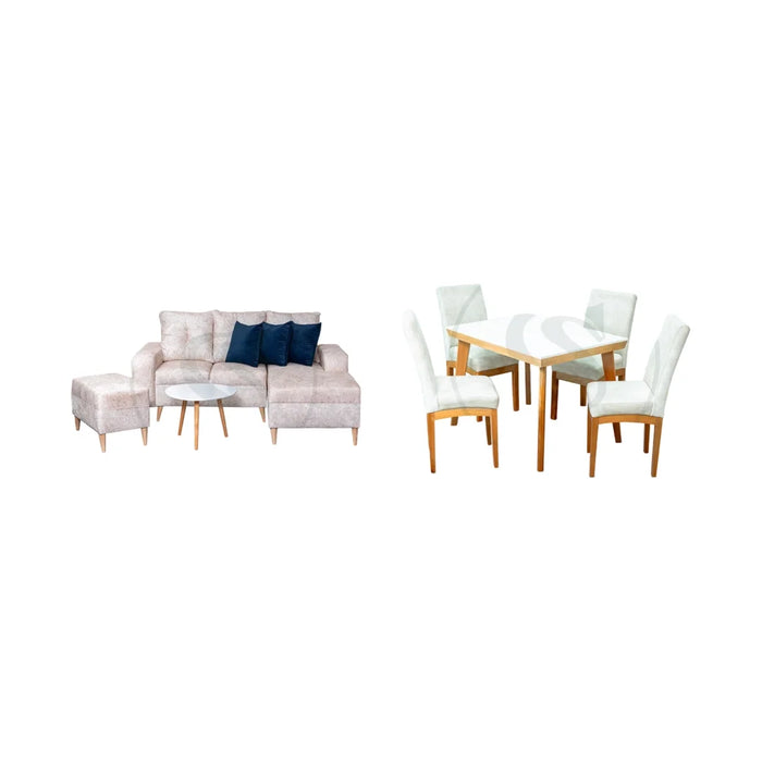 COMBO SALA TURQUIA EN L + PUFF TURQUIA + COMEDOR 4 PTOS BASE COMEDOR KIOTO + 4 SILLAS ESTAMBUL