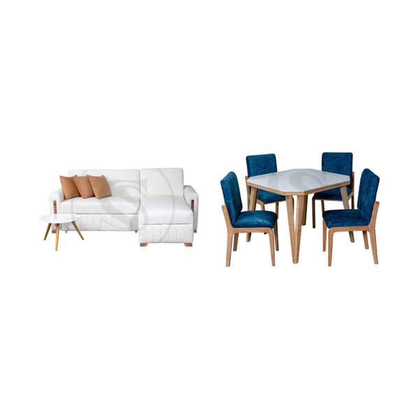 COMBO SALA CAMA BERLIN + COMEDOR 4 PTOS BASE COMEDOR NIGERIA + 4 SILAS IBIZA