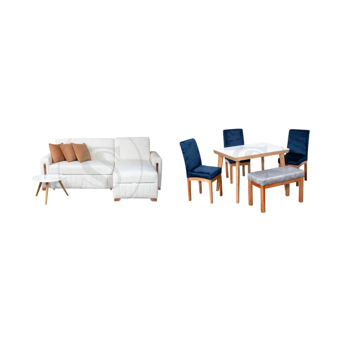 COMBO SALA CAMA BERLIN + COMEDOR 5 PTOS BASE KIOTO + 3 SILLAS ESTAMBUL + BUTACO RIO