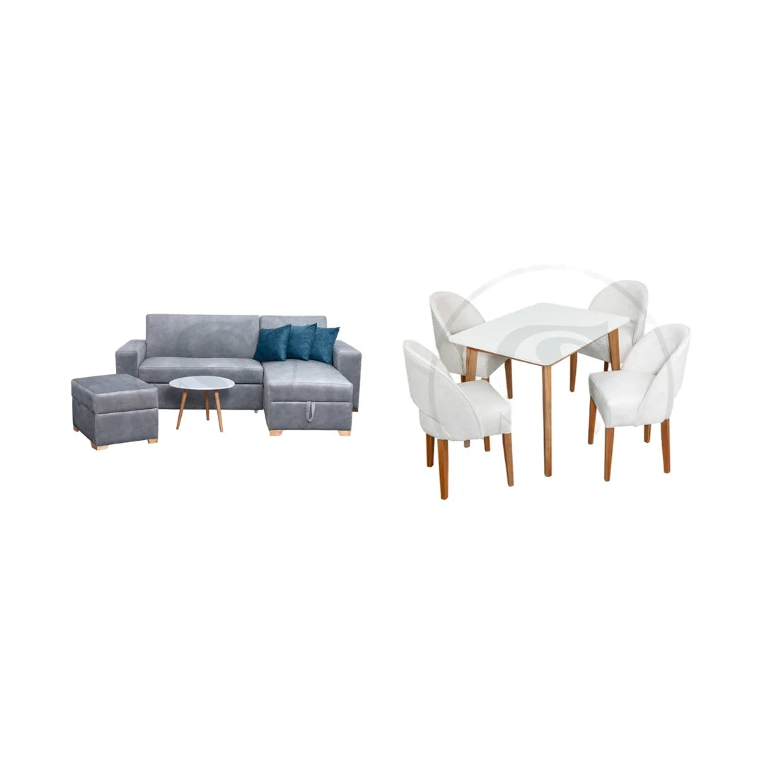 COMBO SALA CAMA ESPAÑA + COMEDOR 4 PTOS BASE COMEDOR THIAGO + 4 SILLAS ORION