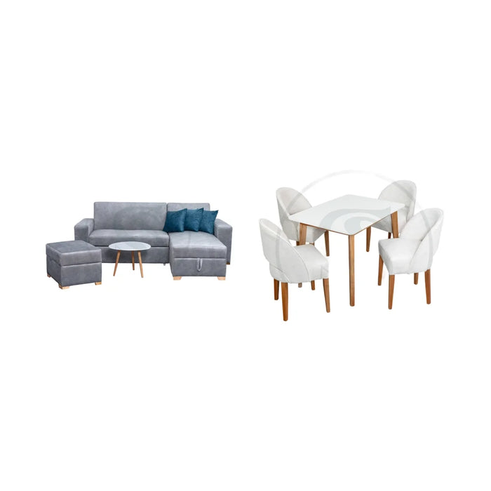COMBO SALA CAMA ESPAÑA + COMEDOR 4 PTOS BASE COMEDOR THIAGO + 4 SILLAS ORION