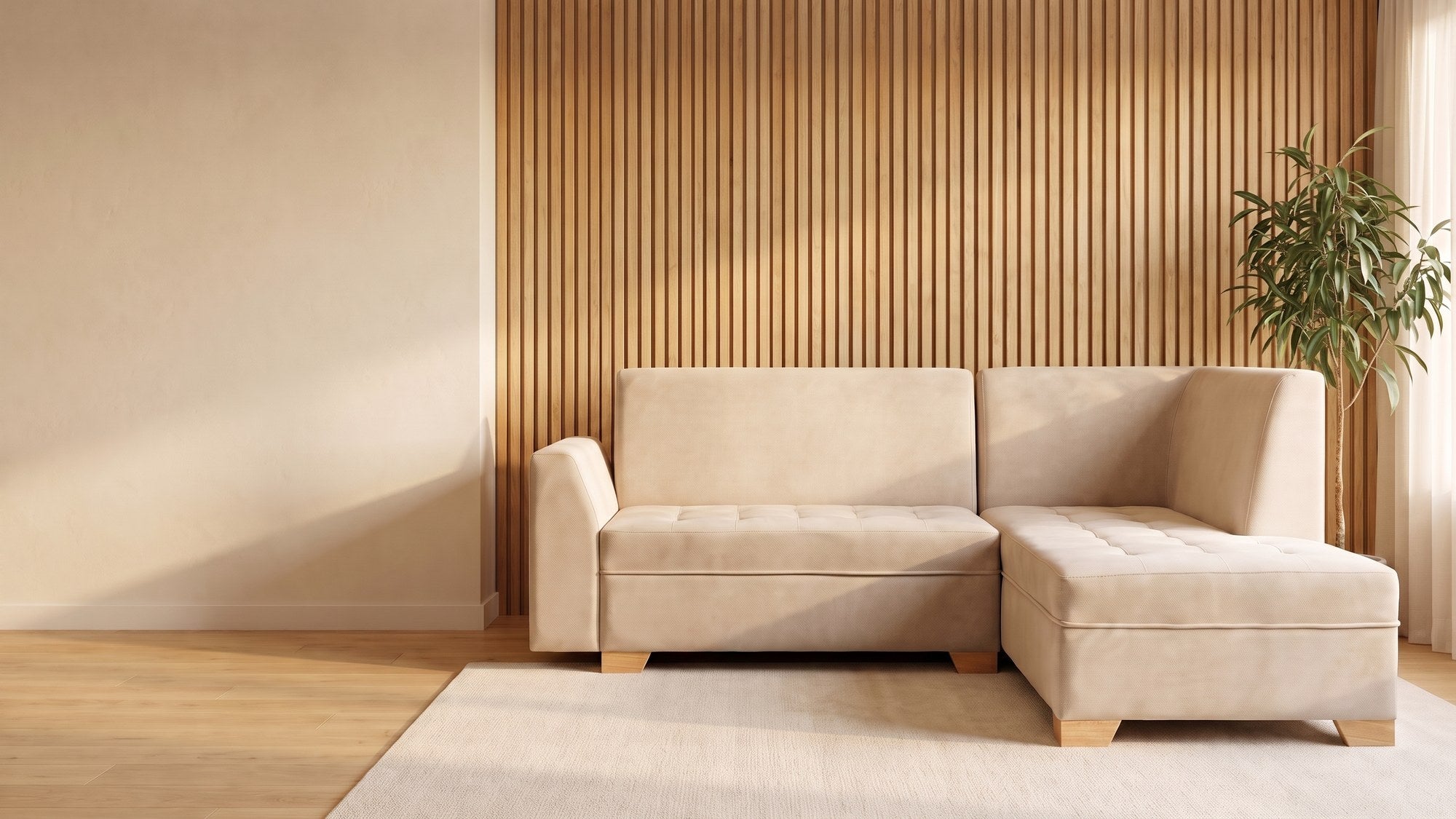 Sala en L Milán en promoción — tela beige capitoneada